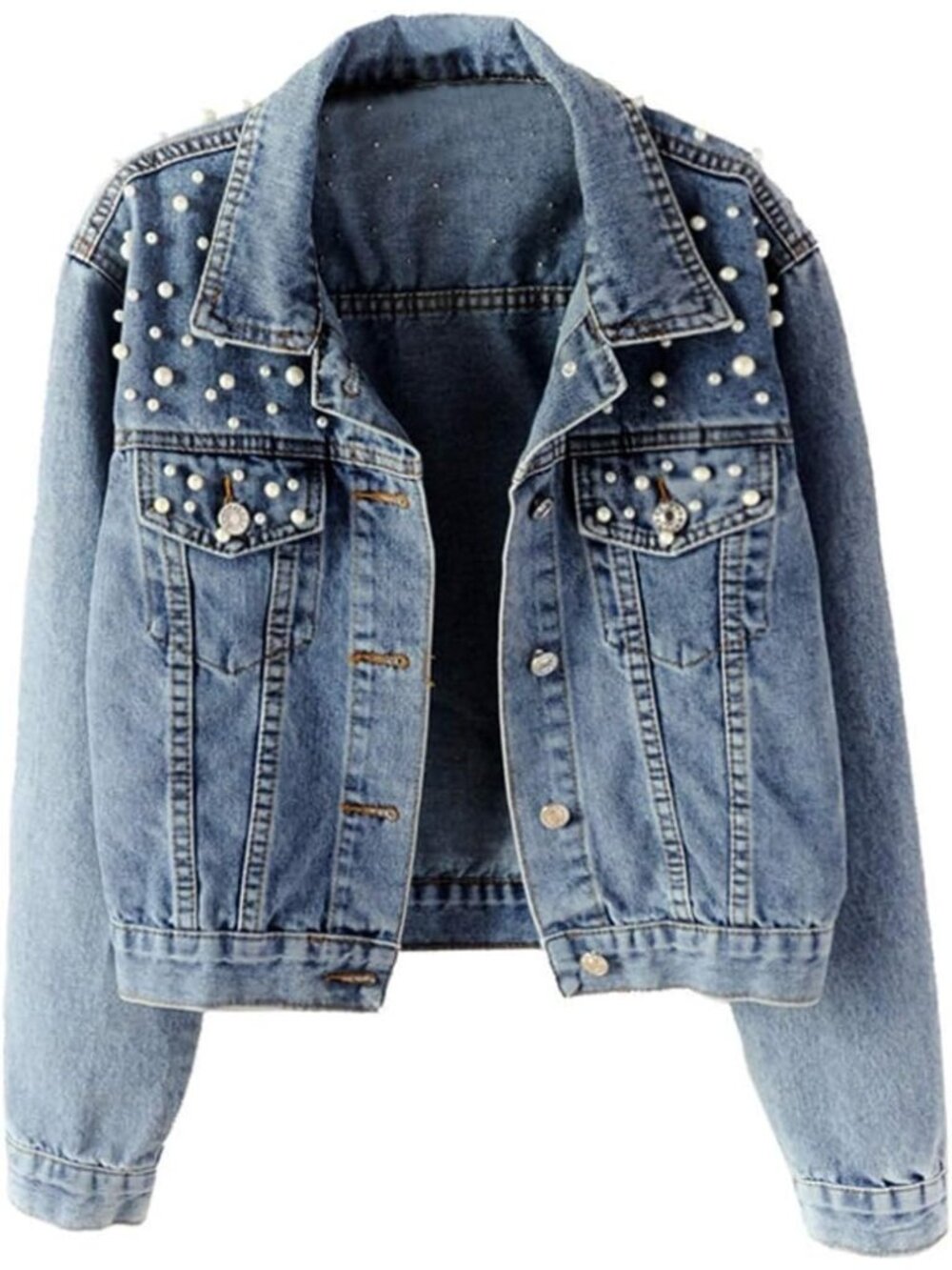 Women's Blue Oversized Denim Jacket Embroidered Pearls Beading Jeans Coat